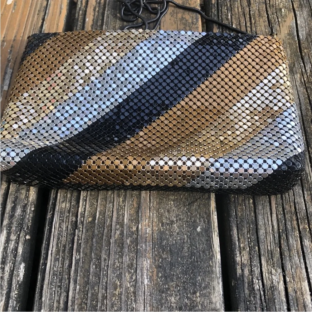 Gold Black Bronze Silver Mesh Stripe Purse Bag Cross Body Metal Vintage 70s 80s - Picture 4 of 8
